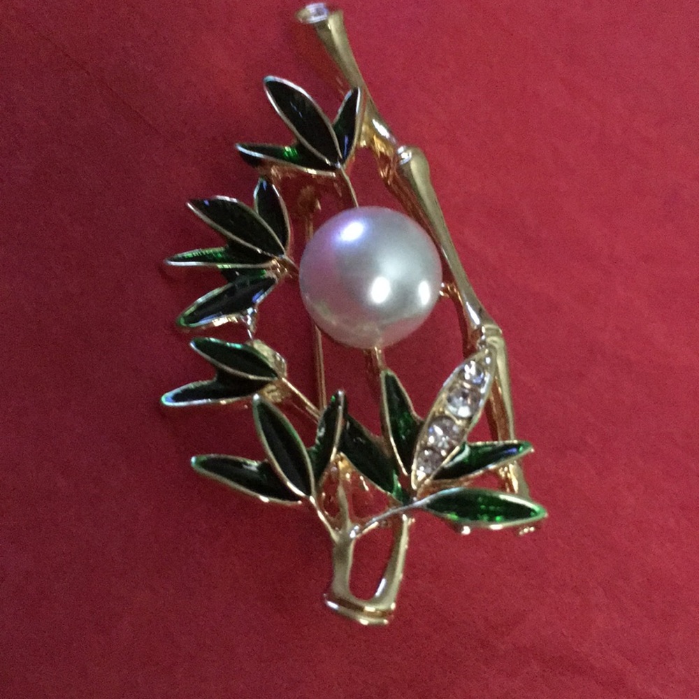 Gold tone bamboo tree and leaves w/jewels & pearls